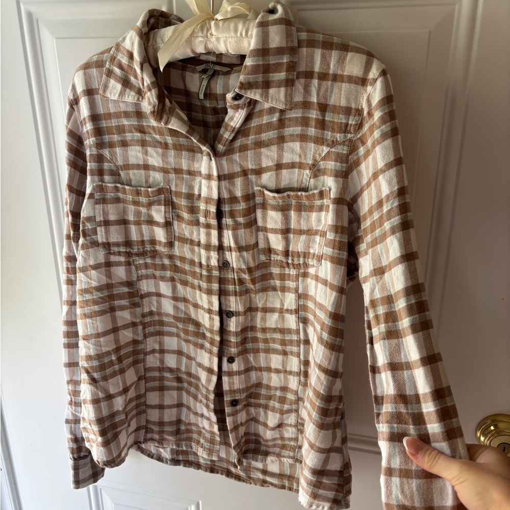 Brown and White Plaid Button-Up Shirt